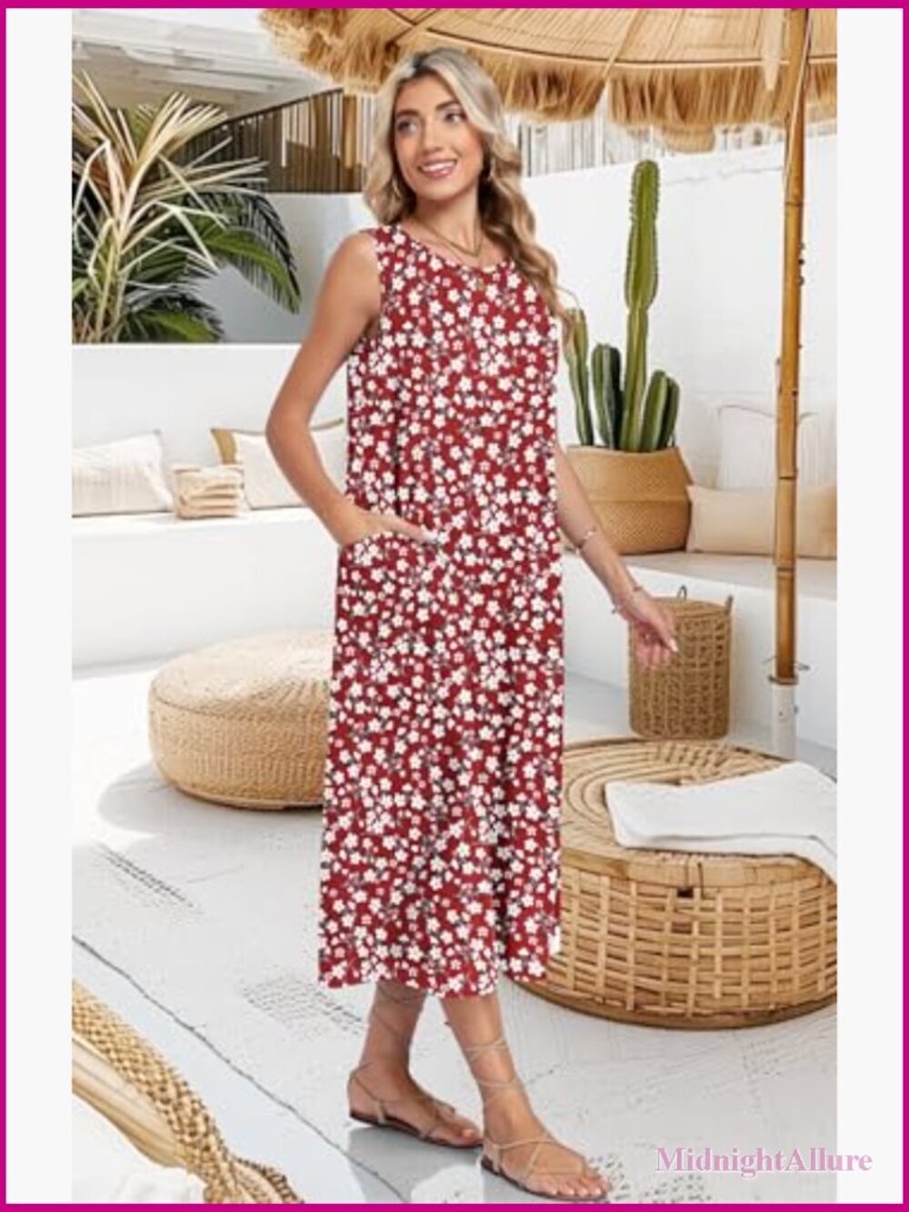Womens Summer Midi Casual Dress with Pockets Sleeveless Crewneck Sundress - Picture 3 of 7